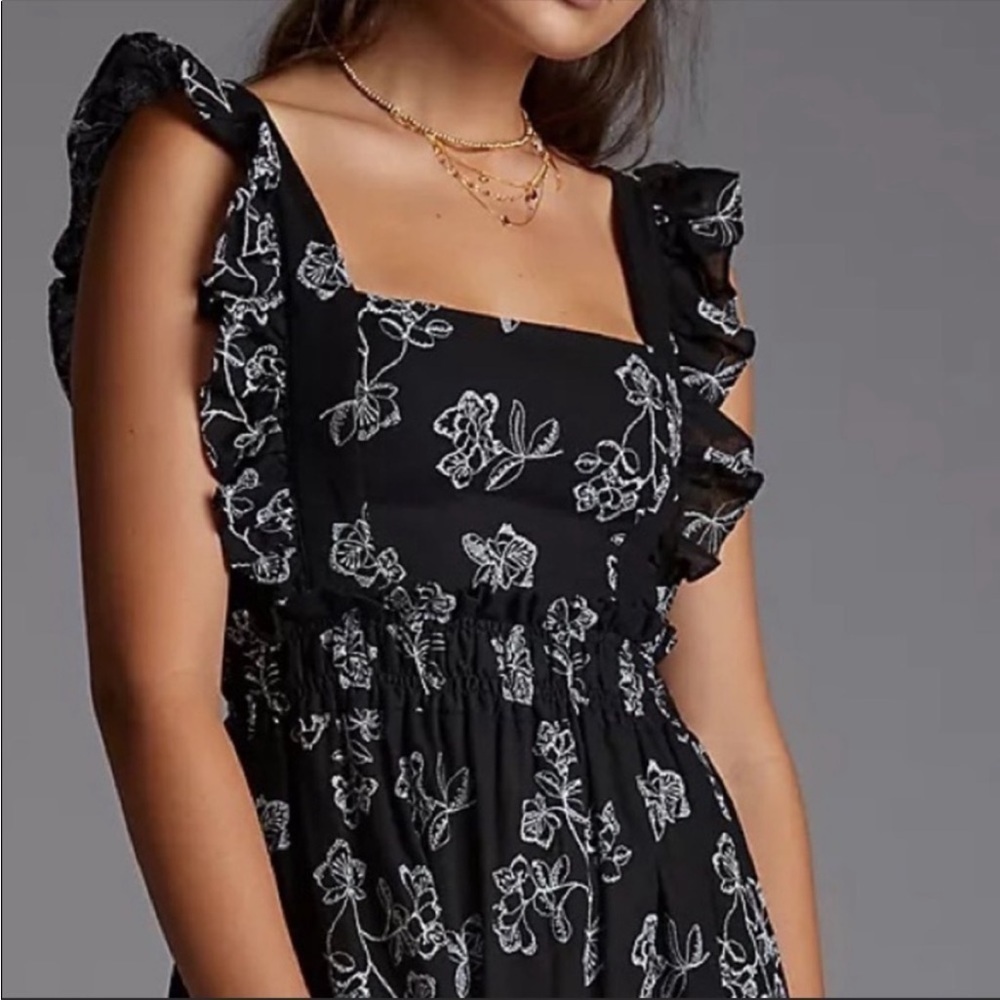 Anthropologie Especia Navy White Floral Embroidered Ruffle Maxi Dress Medium NWT - Picture 3 of 12